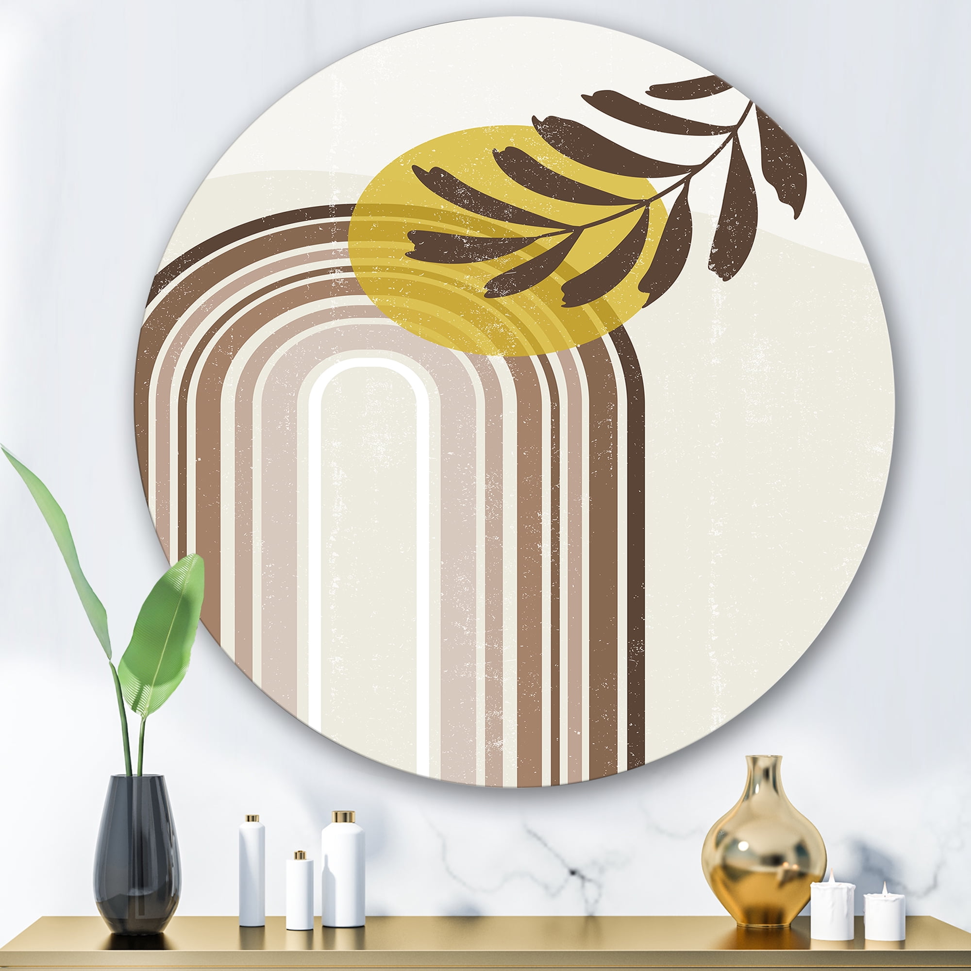 Designart 'Abstract Moon and Sun With Leaf In Earth Tones' Modern Circle Metal Wall Art 36x36 - Disc of 36