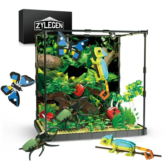 Rainforest Jungle Insect Tank Building Block Toys - Lizard, Butterfly, Ladybug, Forest Garden Plants - Bricks Accessories - Bush Flowers Animals Kit - Botanical Toys Building Set (1,3)