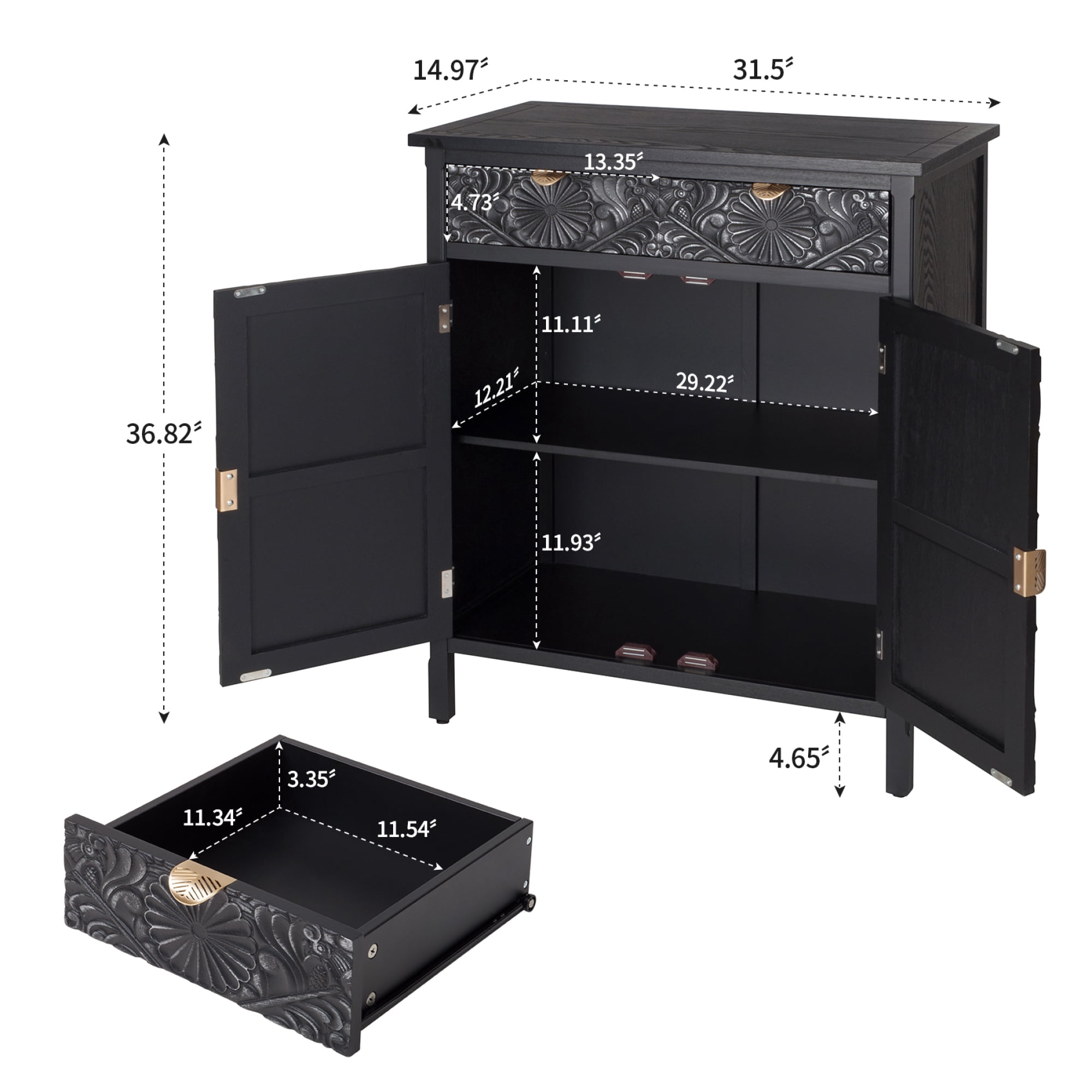 Leumius Accent Cabinet, Black Wooden Storage Cabinet with Drawer & Doors, Floral Embossed Sideboard with Gold Handles for Entryway Living Room