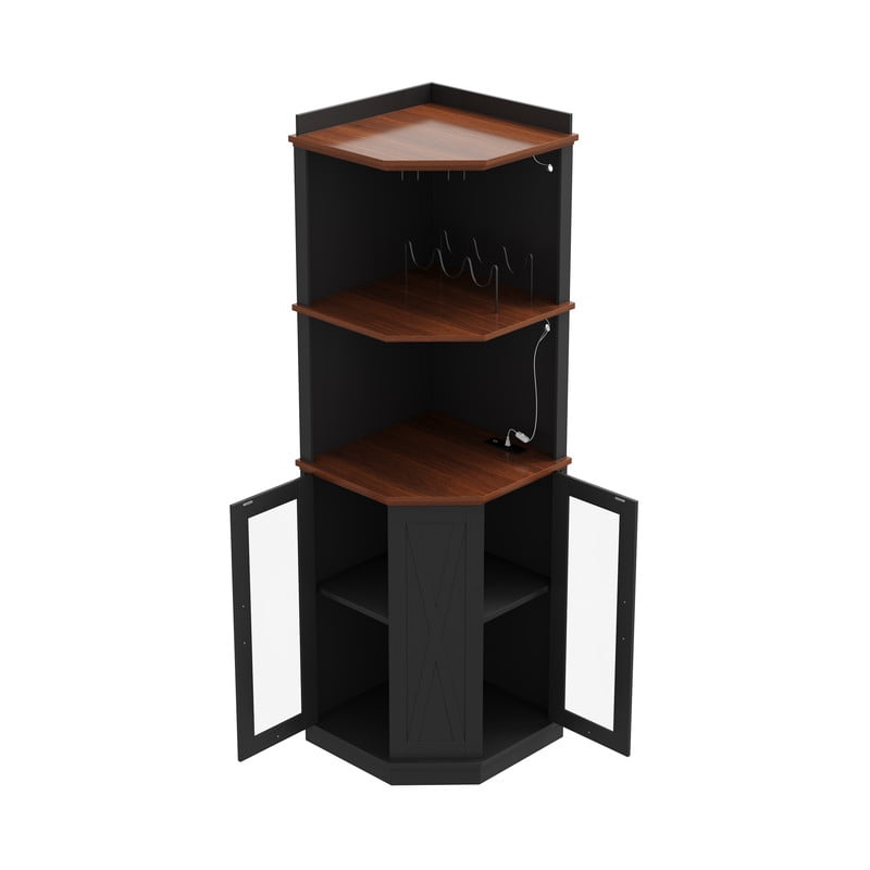 Triangular Corner Bar Cabinet with Power Outlet, Farmhouse Wine Storage Cabinet with Adjustable Shelves, LED Lights & Glass Rack