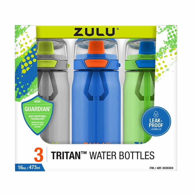 Zulu Kids leakproof Drink Water Bottles Flex Tritan Plastic 16oz 3 Pack Set 