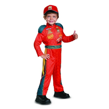 Cars 3 Lightning Mcqueen Classic Toddler Costume, Red, Medium (3T-4T), Product includes: jumpsuit with padded shoulders, detachable belt and hat. By Disguise