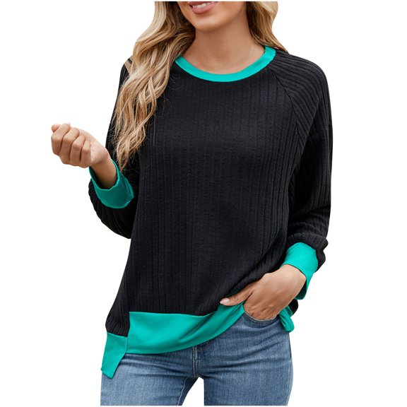 Fashion Plus Size Shirts Tops for Womens Long Sleeve Round Neck Color Matching Casual T-shirt