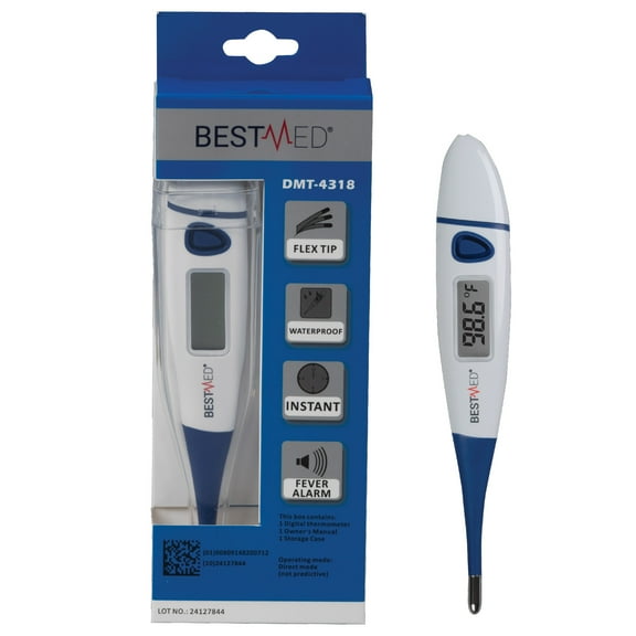 BEST MED Thermometer | 60-Second Readout | Fever Alert   Memory Recall | Flexible Tip | Hygienic Water-Resistant Easy Cleaning | Storage Case Included
