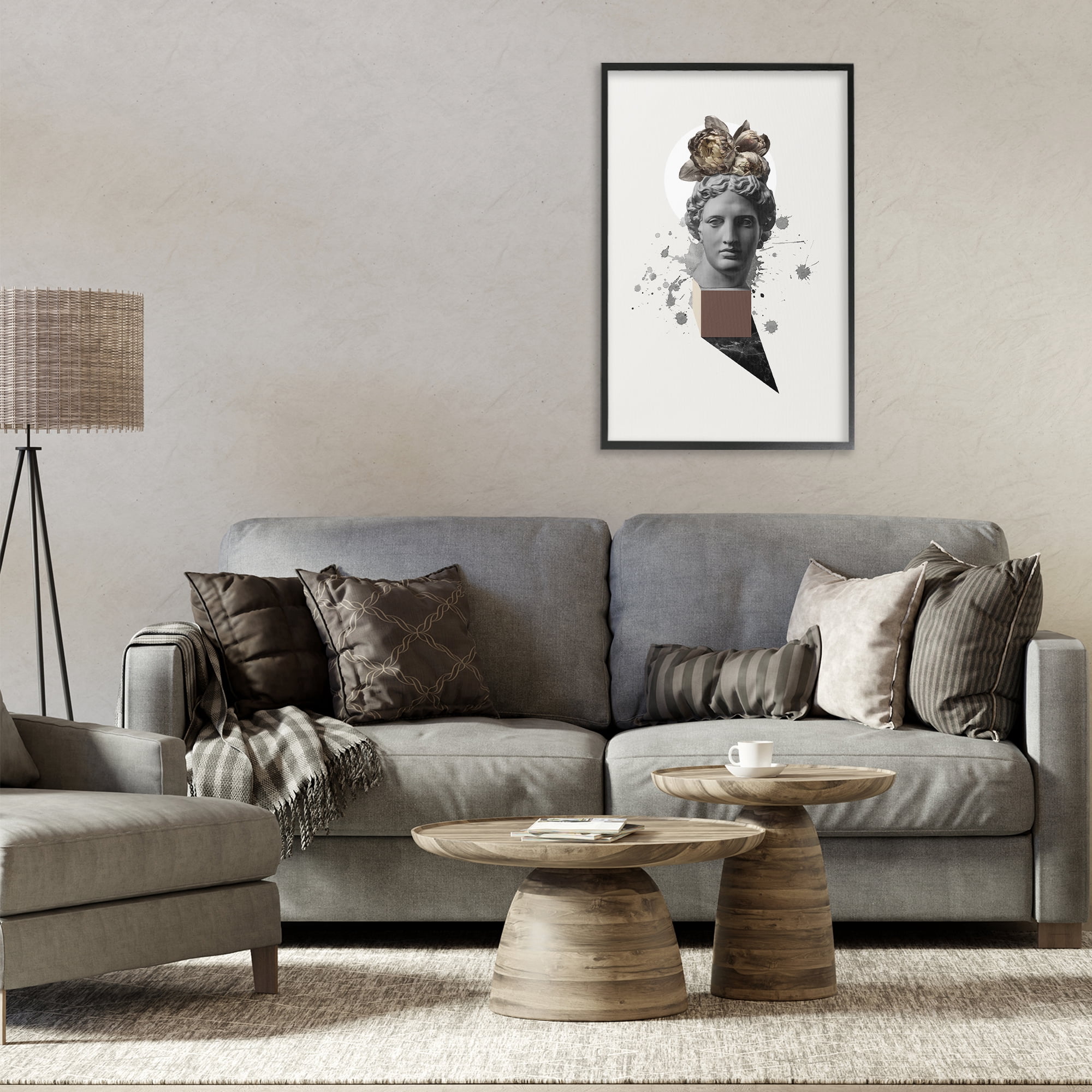 Stupell Industries Modern Statue with Peonies Botanical & Floral Painting Black Framed Art Print Wall Art, 20 x 30
