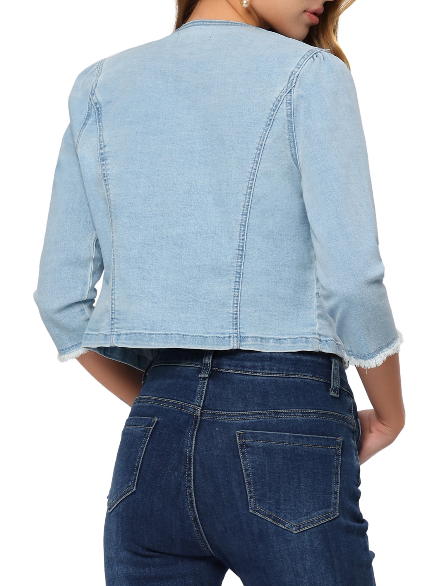 Unique Bargains Women's Denim Crop Round Neck Button Down Frayed Jean Fashion Jacket S Light Blue
