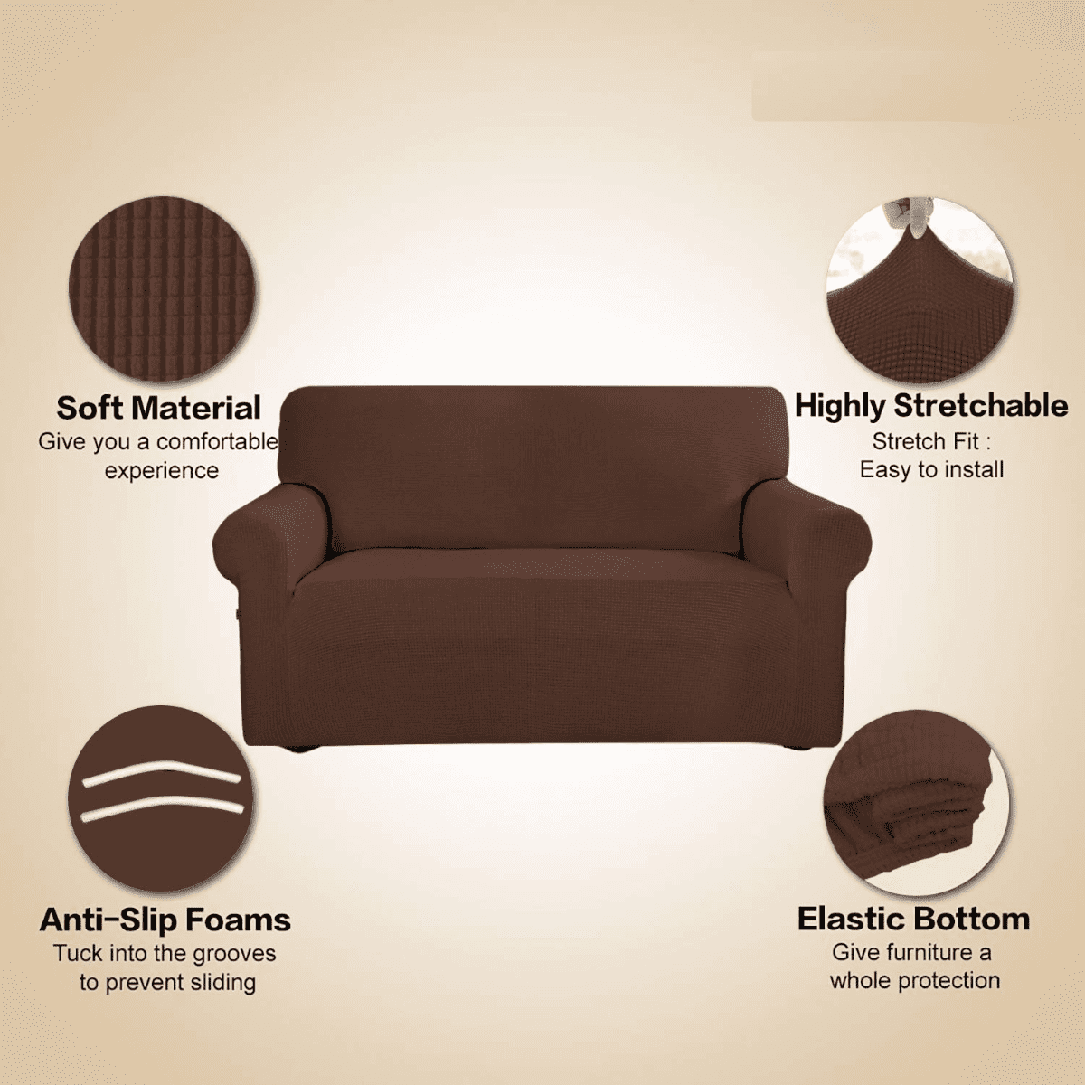 DUANJY Premium Water Repellent Sofa Cover, Stretch Sofa Couch Slipcover Furniture Protector, Small Checks Super Soft Fabric Couch Cover Brown