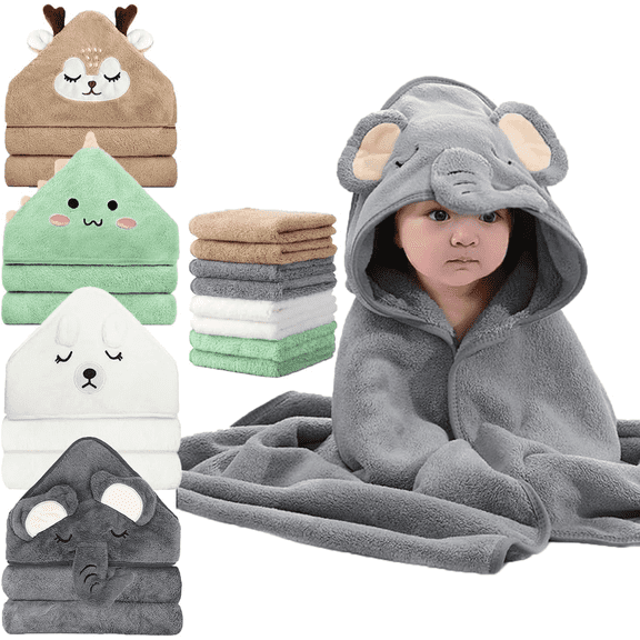 12 PCS Baby Bath Towels Set for Newborn Toddlers, 4 PCS Hooded Baby Towels & 8 PCS Washcloths, Ultra Absorbent Newborn Bath Essentials Gift for Boys & Girls