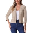 thumbnail image 1 of Suéter elegante recortado para mujer Inspire Chic, cárdigan casual de frente abierto con mangas 3/4, talla XS, color camello, 1 of 6