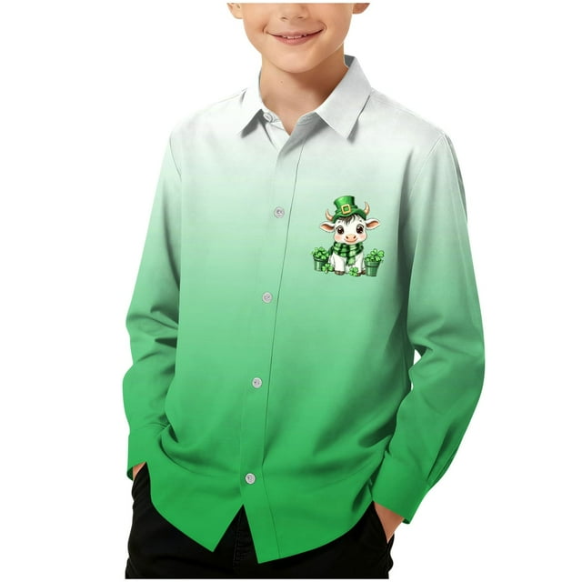 Chemise Décontractée pour Garçons, Chemise à Manches Longues pour la Saint-Patrick, Haut à Imprimé Dégradé pour Enfants, Chemise de Mode à Col Rabattu pour les Vacances, Anniversaire, Usage Quotidien