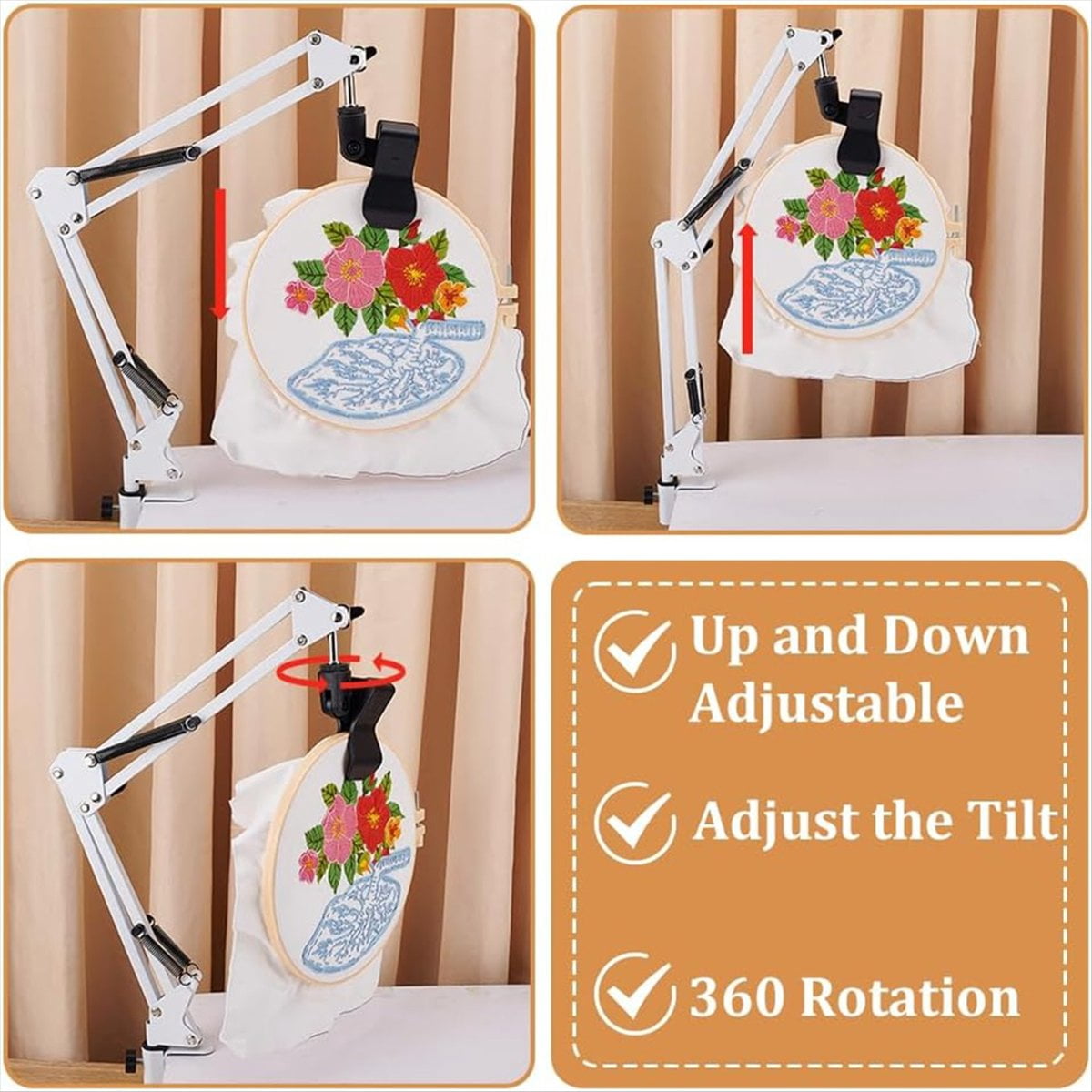 White Embroidery Stand Kit 8mm Hole Hand 360 Degree Rotating for Hoop