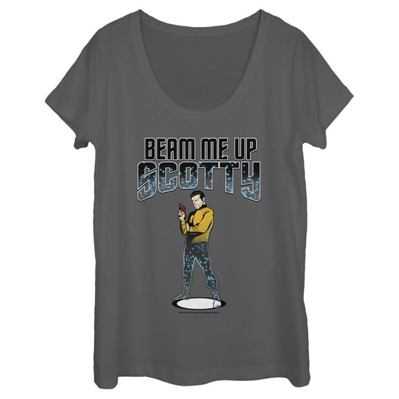 Women's Star Trek Cartoon Kirk Beam Me Up Scotty Transporter Scoop Neck Charcoal Large