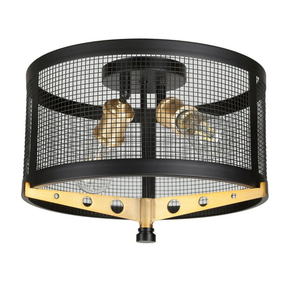 Takoma 2-Light Black and Soft Gold Wire Mesh Industrial Flush Mount with Metal Mesh Shade - Black and Soft Gold