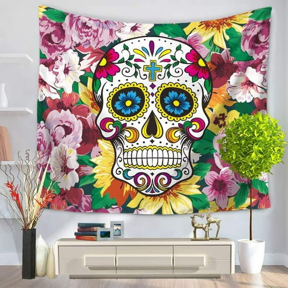 JOOCAR Sugar Skull Decor Tapestry,Funny Skull with Colorful Floral Victorian Style Dead Skeleton Graphic Art Print,59" x 71 Wall Hanging for Bedroom Living Room Dorm