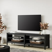 Farmhouse TV Stand for TVs up to 75 inch with 4 Open Storages, Wood Entertainment Center for Living Room, Black 70 inch
