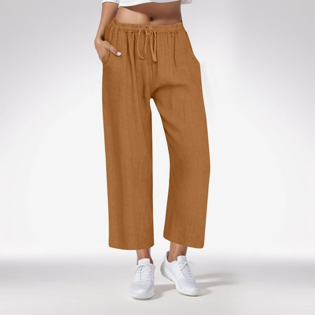 Jsaierl Capri Pants for Women Drawstring Elastic Waisted Wide Leg Casual Capris Plus Size Solid Color Straight Leg Pants Loose Fit Legging with Pockets