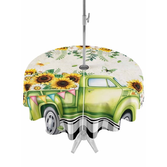Outdoor Tablecloths with Umbrella Hole & Zipper, Sunflowers Round Tablecloth 54 Inch, Spring Farmhouse Country Truck Leaf Black Plaid Waterproof Table Cloth, Patio/Pool/Picnic Table Covers