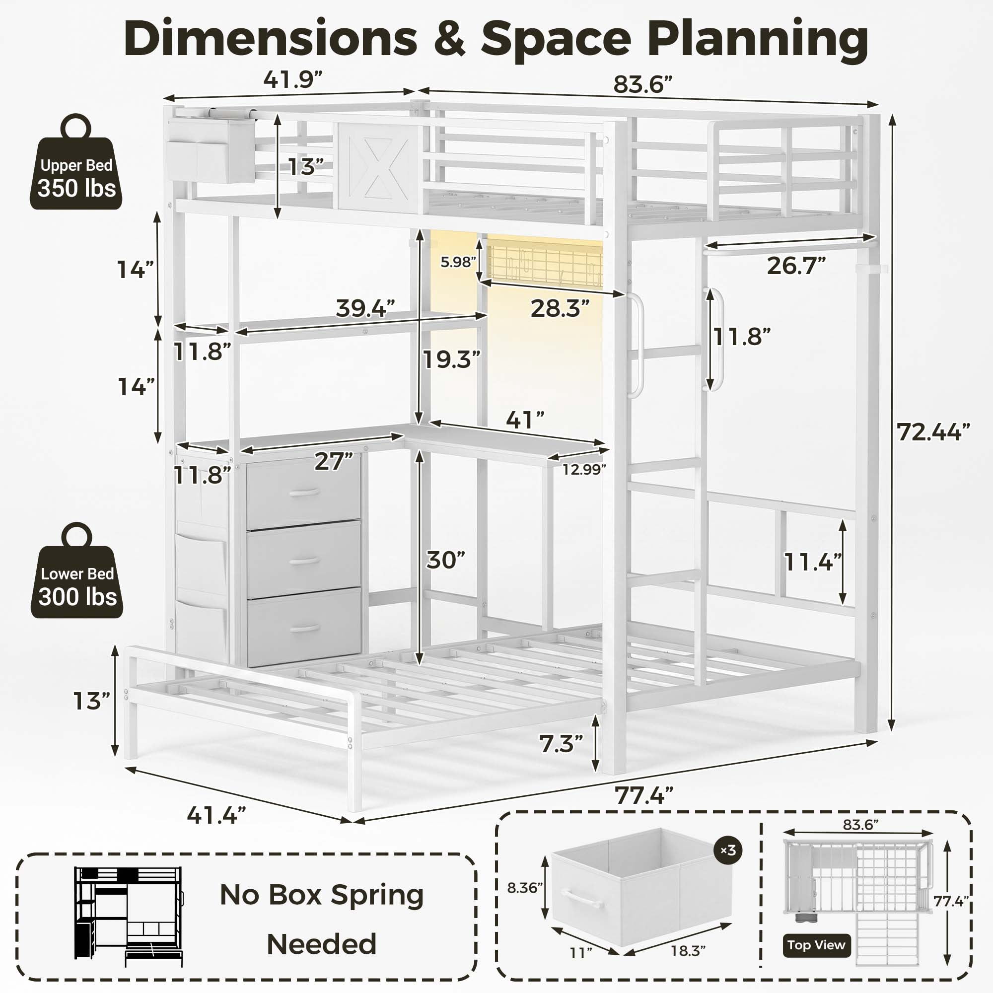Miniyam Twin XL Over Twin Metal Bunk Bed with L-Shaped Desk, Storage, RGB LED Light and Charging Station, White