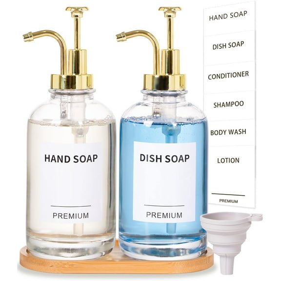 Dish Soap Dispenser for Kitchen, Hand Glass Soap Dispenser Set with Pump, Tray, Funnel for Bathroom, Shower, Laundry, Liquid, Lotion (Gold 2 Pack 18 Oz Clear Bottles with 12 Stickers)