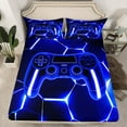 thumbnail image 3 of Feelyou Futuristic Gamepad Boys Bed Sheets, Neon Navy Honeycomb King Sheets, Geometric Abstract Sheet Set, Lightweight Room Decor, 4pcs, 3 of 7