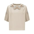 thumbnail image 5 of Dazajoo Womens Half Sleeve Boho Tops Casual Crew Neck Vintage Embroidered Blouses Summer Loose Fit Peasant Tops,Beige,M, 5 of 6