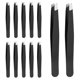 thumbnail image 1 of Juego de 12 pinzas para cejas Uxcell de acero inoxidable con punta en ángulo, herramientas de belleza para depilación de vello facial y cejas, negro, 1 of 7