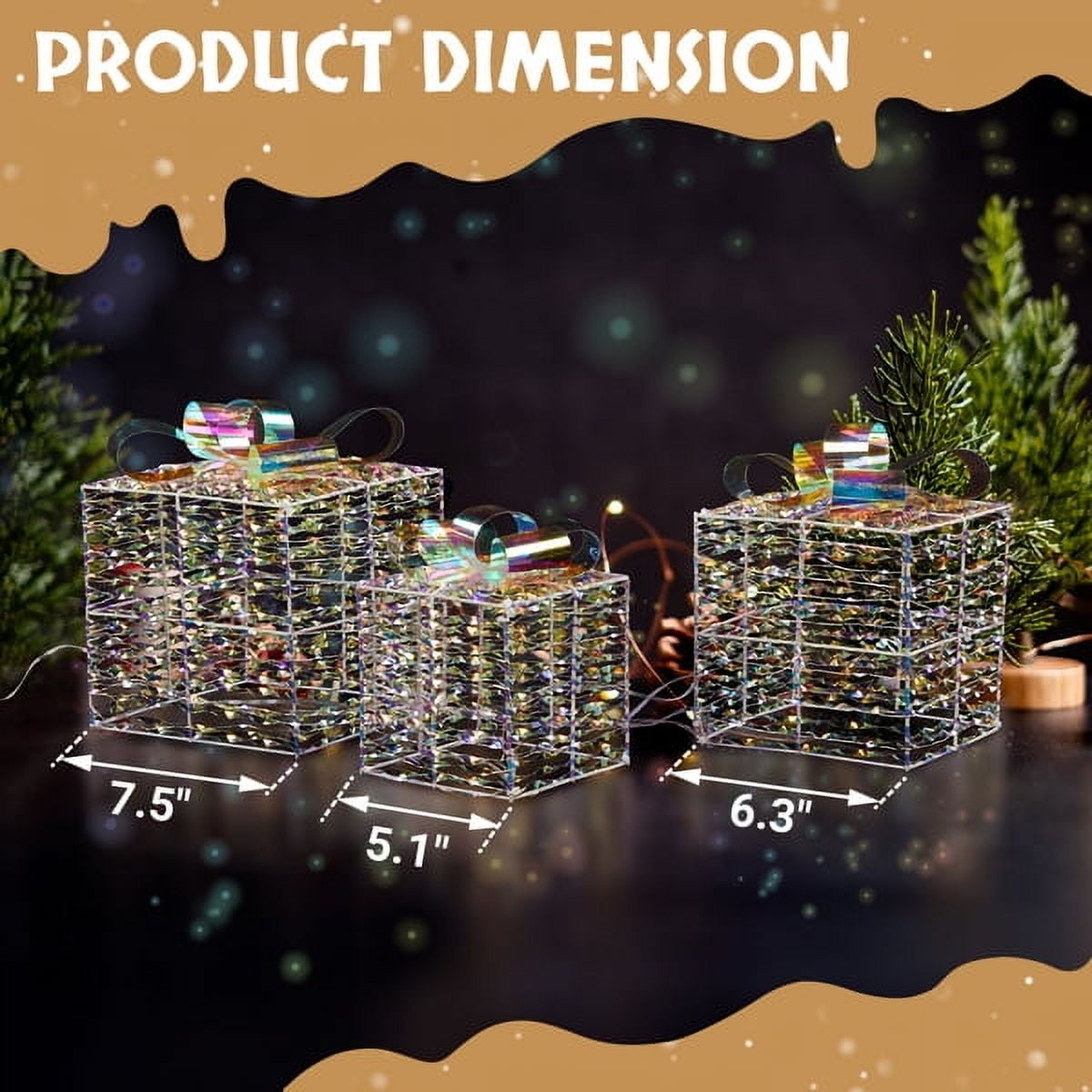 3-Piece Lighted Iridescent Gift Box Set - 140 Warm White LEDs, Weather-Resistant Metal Frame, Indoor/Outdoor Christmas Decor for Yard/Porch/Tree