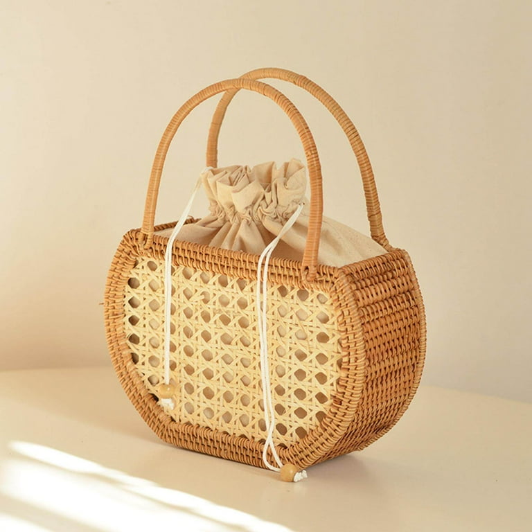 TureClos Hand Woven Rattan Handbag Boho Style Picnic Travel Clutch Bag Hand Basket Semicircular
