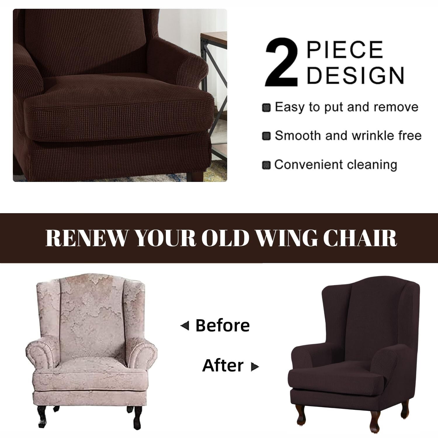LKJYER Wing Chair Slipcovers 2 Pieces Stretch Spandex Wingback Chair Covers Sofa Slipcover Washable Armchair Protector Cover for Living Room and Bedroom