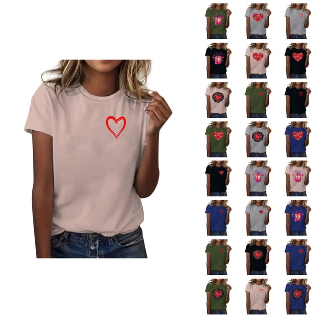 T-shirts de la Saint-Valentin pour Femmes 2026 à Manches Courtes Col Rond avec Cœur Graphique