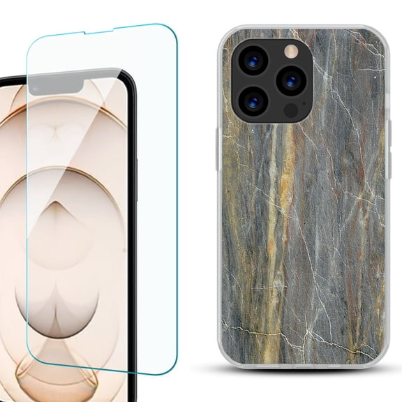 Slim-Fit Anti-Scratch Gel TPU Phone Case for iPhone 13 Pro, with Tempered Glass Screen Protector, by OneToughShield ® - Marble/Camo