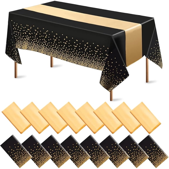 8 Set Tablecloths and Satin Table Runner, 8 Black and Gold Dot Table Cloth 54 x 108 Inch, 8 Gold Satin Runners 11 x 108 Inch, Disposable Plastic Tablecloth for Parties Wedding Birthday