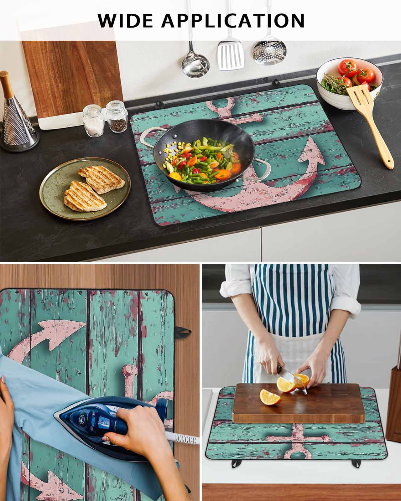 nqOlkjepod Large Induction Cooktop Protector Mat 28.5"x20.5", Pink Anchor Stove Top Covers for Electric Stove, Nautical Vintage Rustic Turquoise Wooden Stove Burner Cover Mats, Glass Top Stove Cover