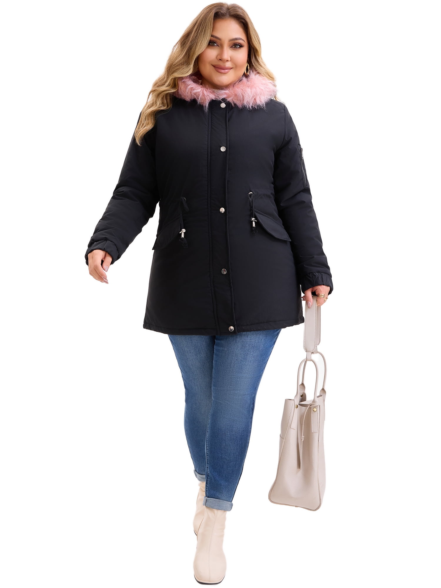 DARING DIVA Women's Plus Parka Jacket Fleece Lined Zipper Coat Black Pink 2X
