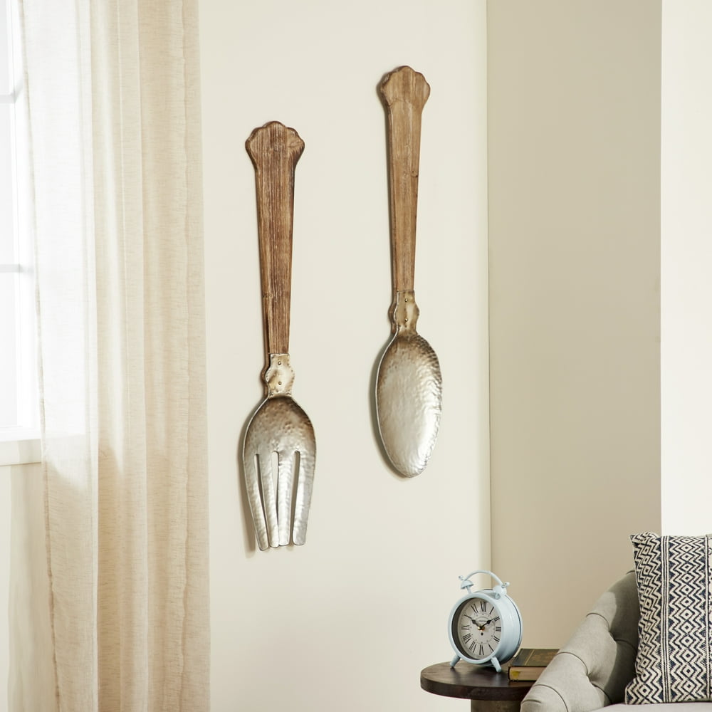 DecMode Oversized Wood and Metal Utensil Wall Decor, Set of 2 8" x 38
