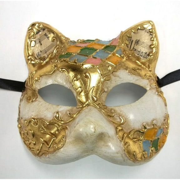 Venetian Cat Antique White Paper Mache Masquerade Mask Music Green Pink Blue