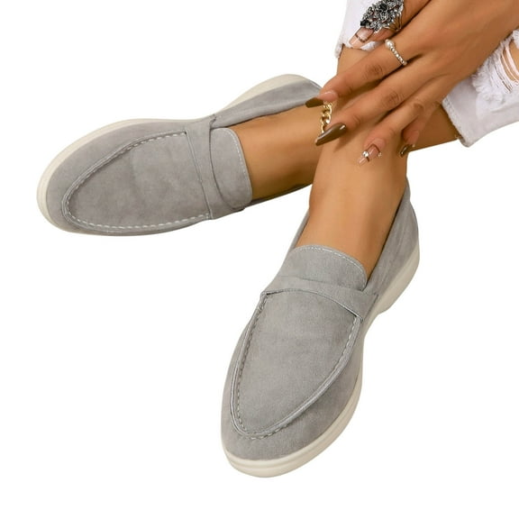 Lovskoo Flats Loafers Comfortable Loafers For Women Round Toe Faux Suede Slip-On Moccasins Shoes Classic Casual Driving Penny Loafers Gray