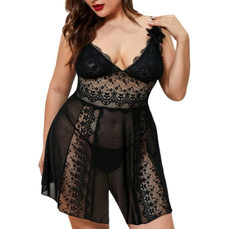 

SpringTTC Women s Honeymoon Valentine s Day Lace Sleeveless V-Neck Sexy Sheer Negligee Babydoll Nightdress Plus Lingerie