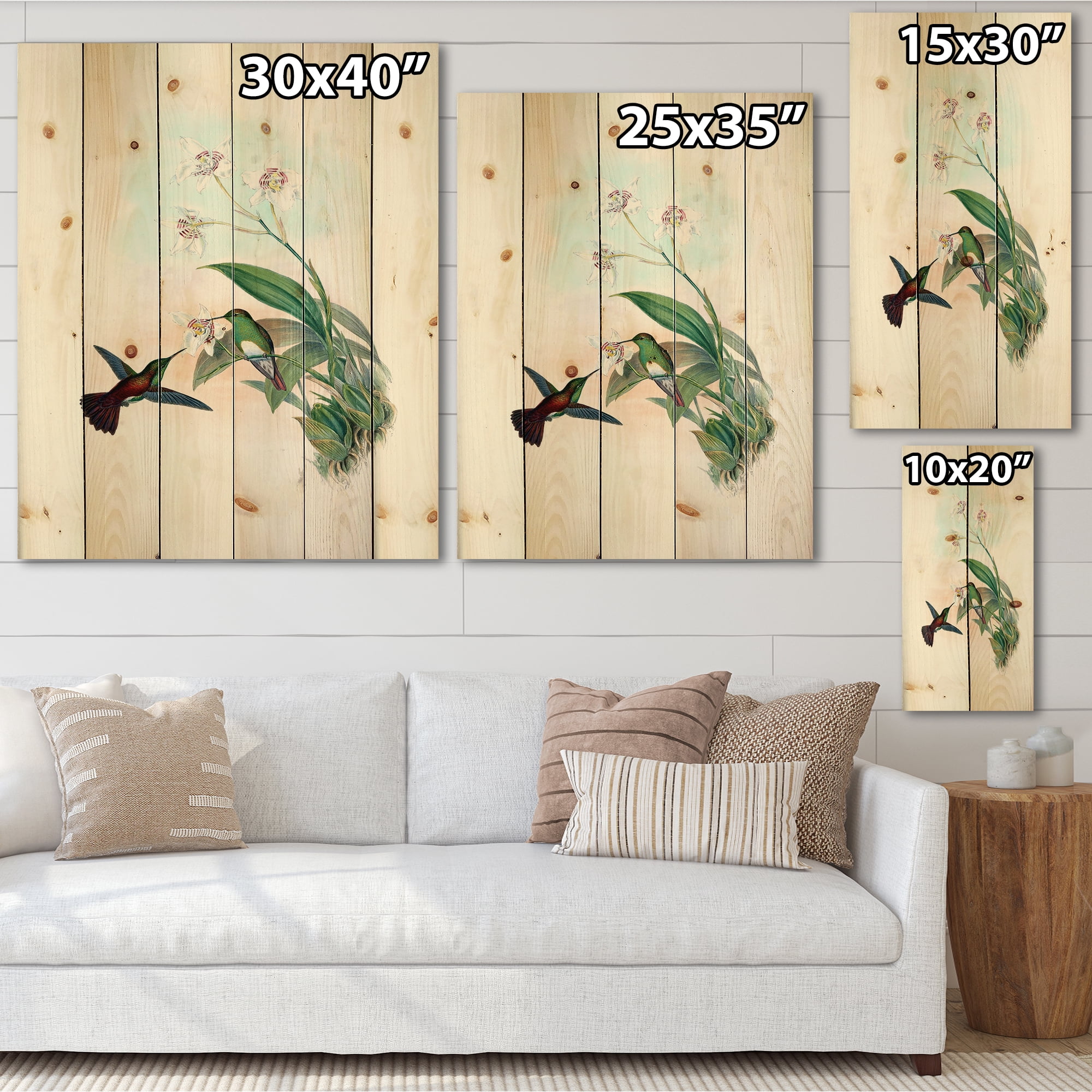 Designart 'Historic Hummingbird Flying To A Flower' Traditional Print on Natural Pine Wood