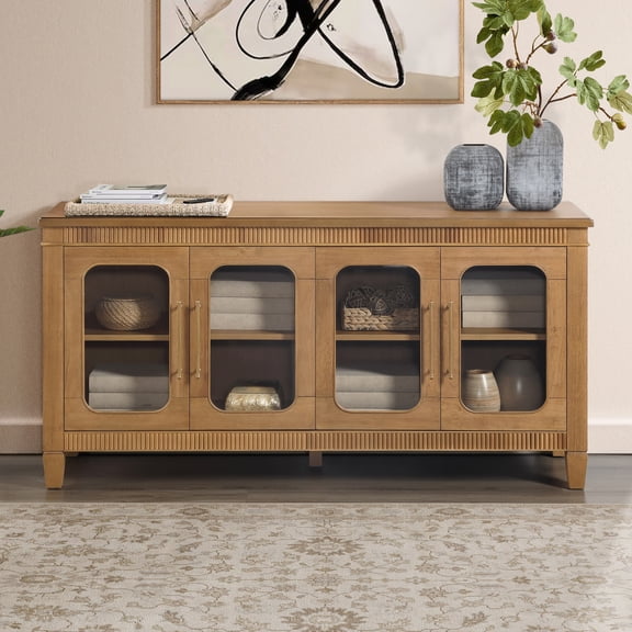 Steve Silver Preston 64-Inch Butterscotch Dining Sideboard with Glass Doors and 4 Shelves