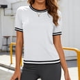 thumbnail image 2 of hoksml Women's Short Sleeve Crew Neck T-Shirt, Striped Trim Casual Tee for Everyday Wear, 2 of 7