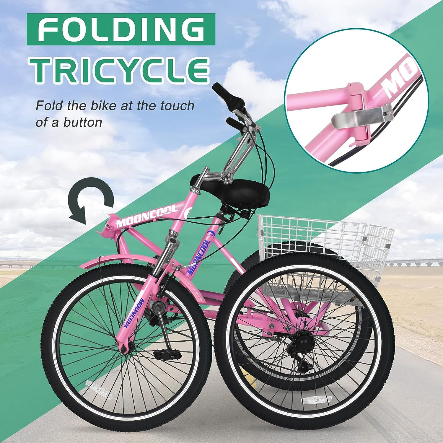 Slsy Adult Folding Tricycle for Adults, 7 Speed 20/24/26 inch 3 Wheels Bikes with Basket, Foldable Tricycle for Adults, Women, Men, Seniors