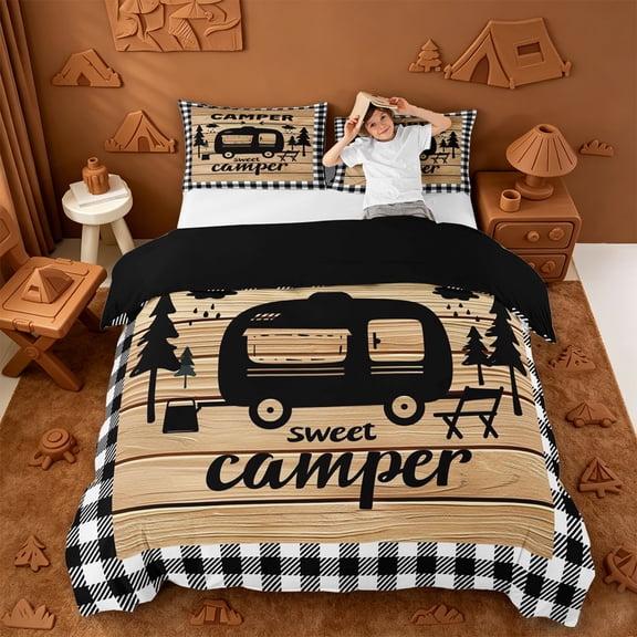 Catabedysis Plaid Camping Bedding,Sweet Camper Print Duvet Cover Full For Boys,Multicolor,Black Reversible,3pcs,1 Duvet Cover and 2 Pillowcases