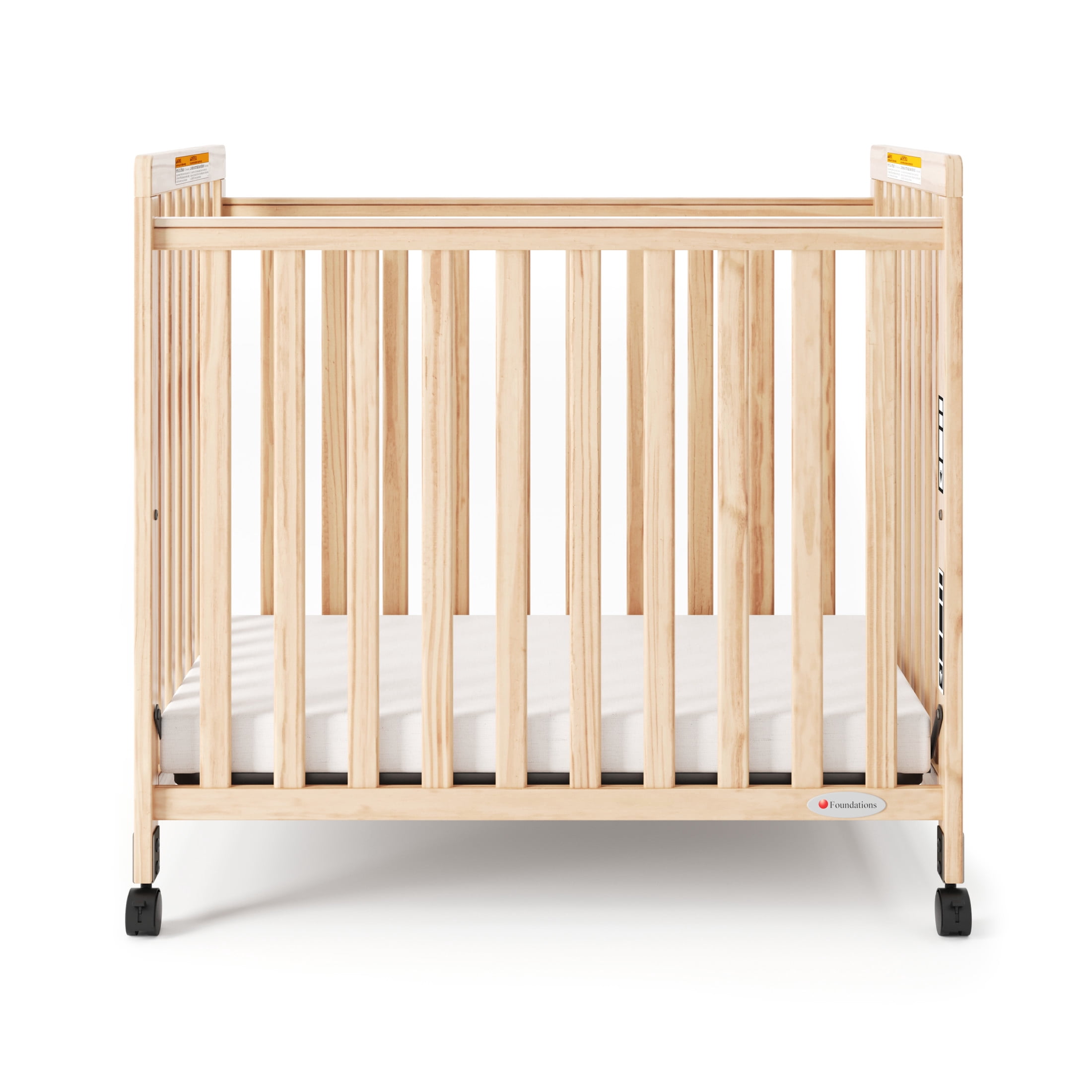Foundations SafetyCraft Compact Slatted Crib, 3" Mattress Included, Locking Wheels, Natural