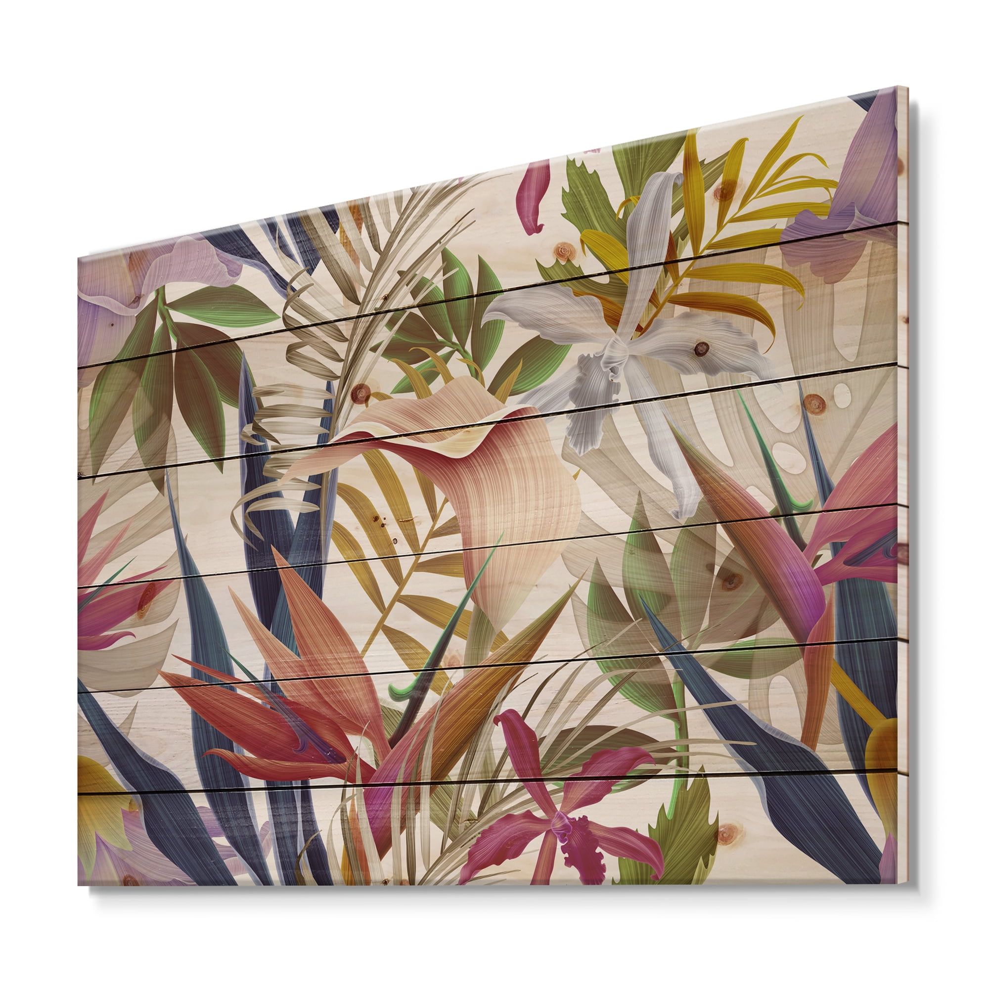 Designart 'VIntage Tropical Flowers VIII' Tropical Print on Natural Pine Wood