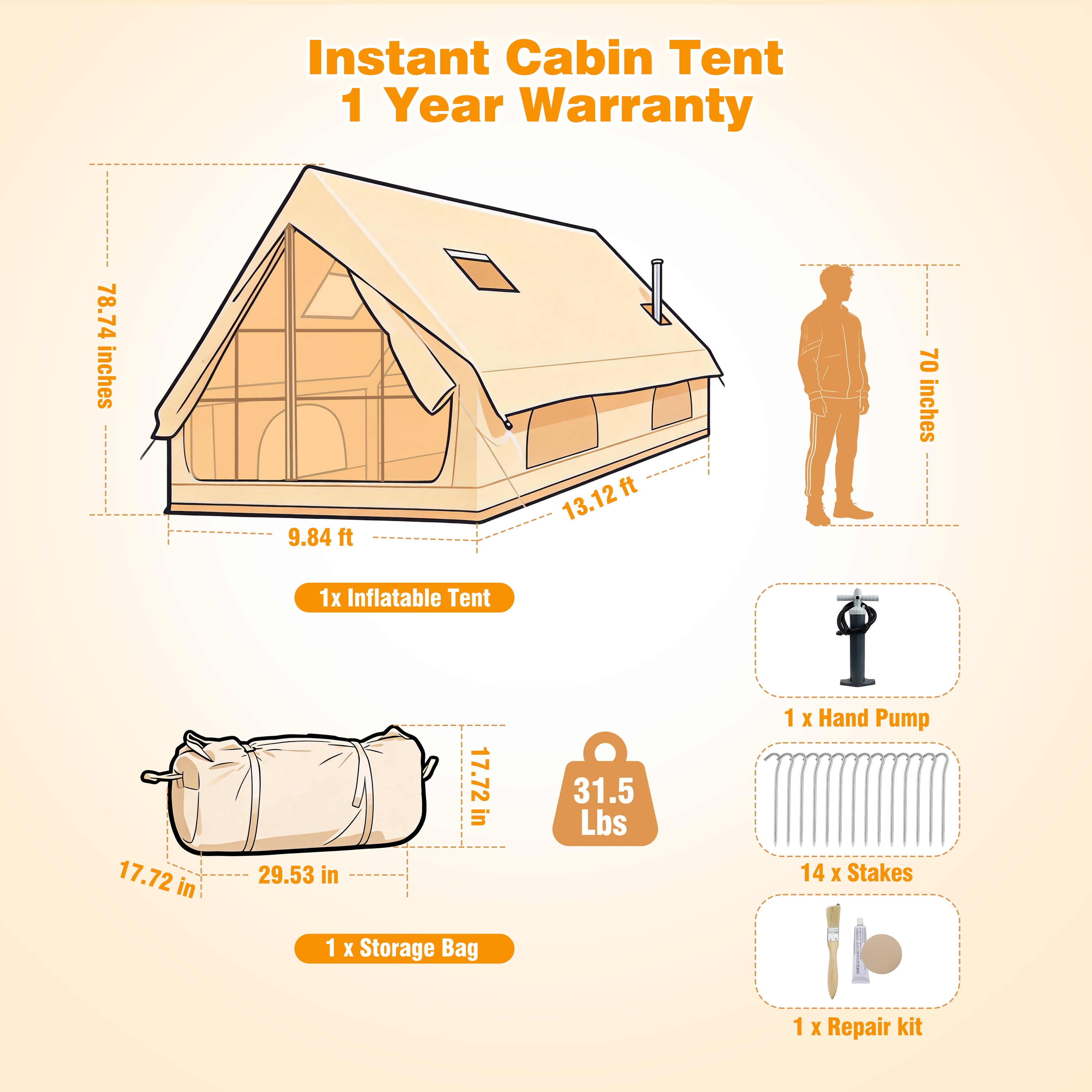 Qunler 8-10 Person Inflatable  Tent, Large Open-Space Air Tent with 2 Doors, Waterproof Blow Up Cabin for Family, Beige