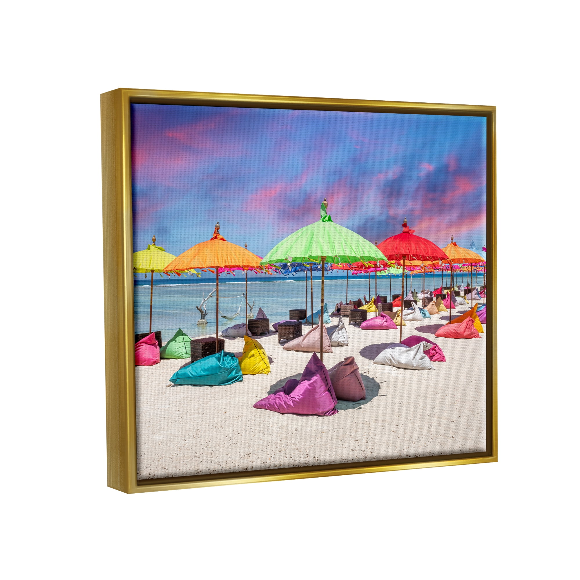 Stupell Industries Beach Umbrellas on Shore Landscape Photography Gold Floater Framed Canvas Art Print Wall Art, 21 x 17