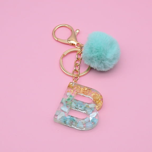 Opvise Letter Pendant Plush Ball Key Chain Resin Sequin Buckle Keyring Holder Charm Decoration Z