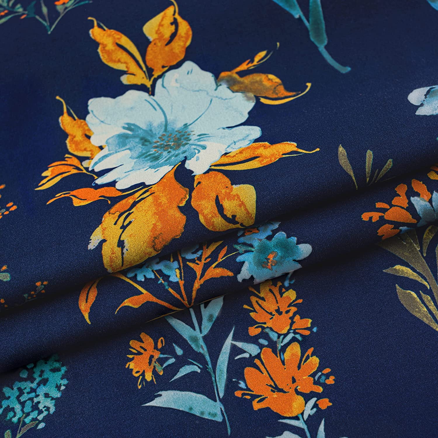 DriftAway Sylvia Floral Botanical Herbs Watercolor Printed Pattern Lined Blackout Window Curtain Grommet 52" x 84" Navy