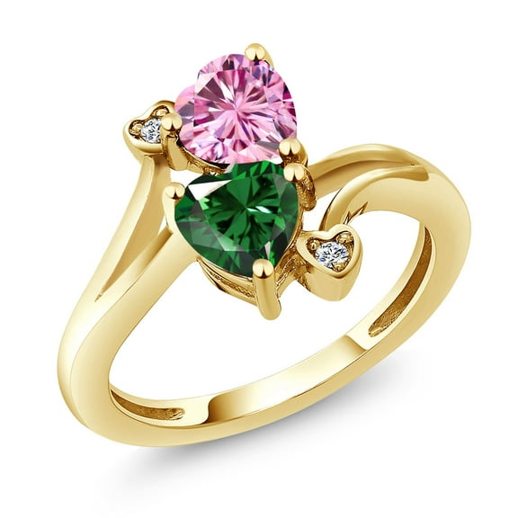Gem Stone King 18K Yellow Gold Plated Silver Pink Moissanite Green Nano Emerald and White Lab Grown Diamond Ring for Women (1.53 Cttw, Heart Shape 6MM, Gemstone Birthstone, Size 7)